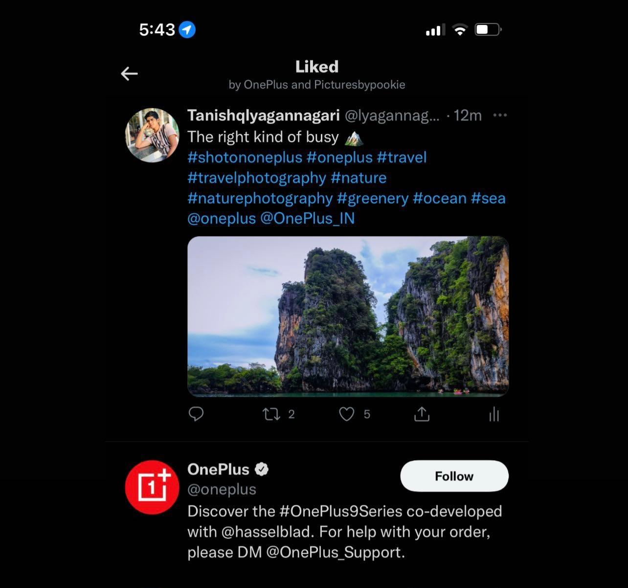 Screenshot showing OnePlus engaging with a social media post by the creator