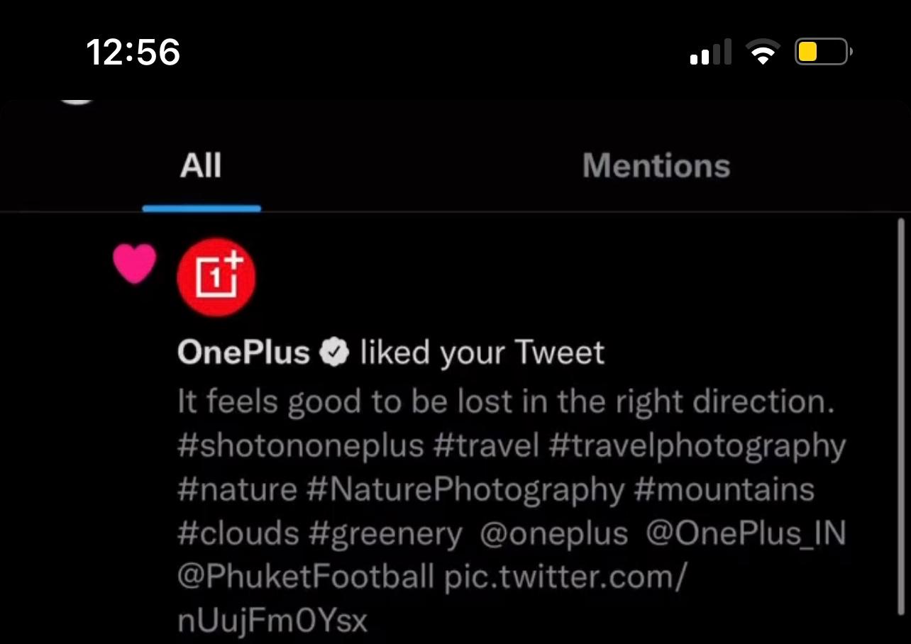 Screenshot showing OnePlus liking a social media post by the creator