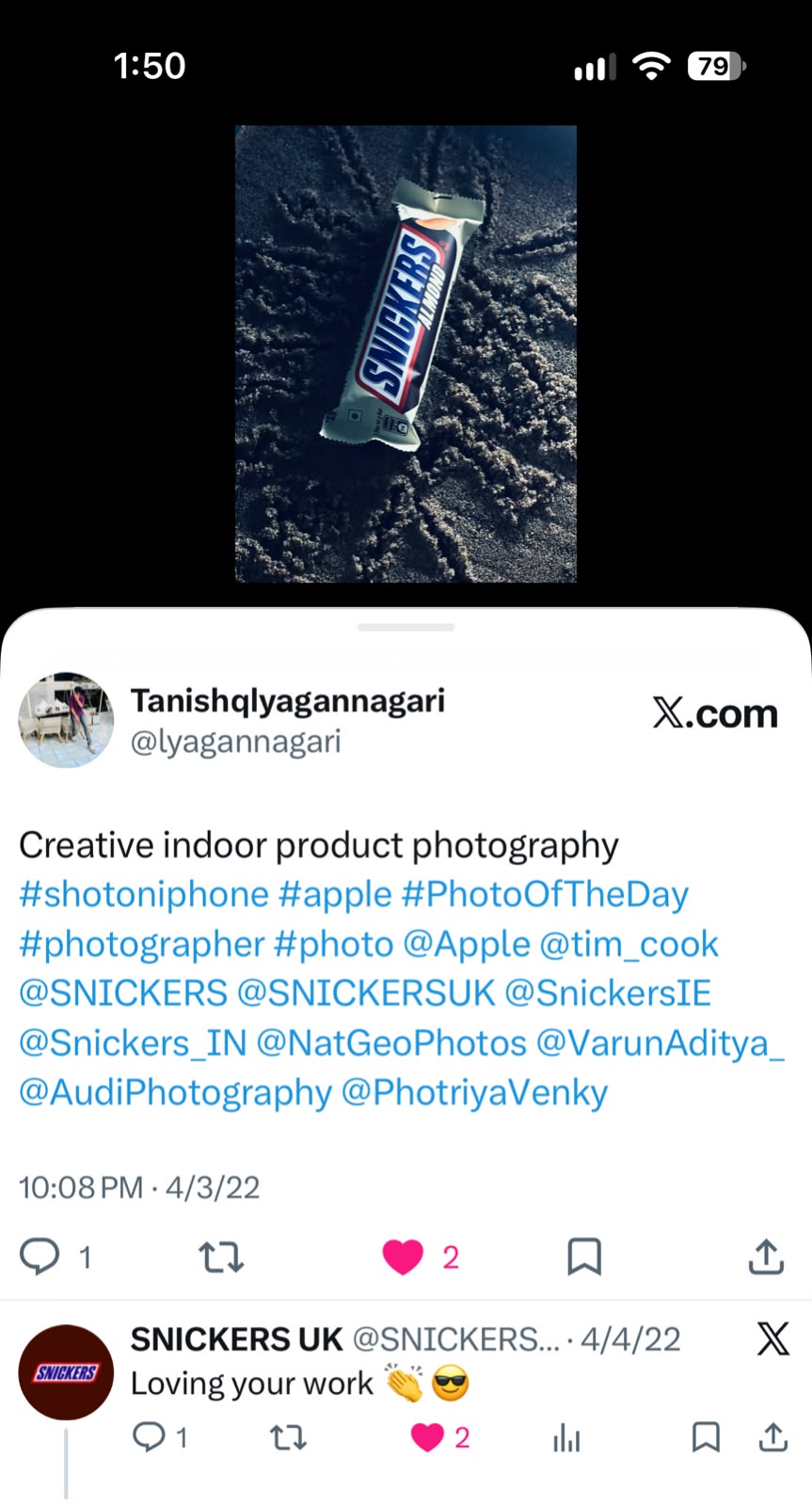 Screenshot showing a Snickers UK response to the creator's photography